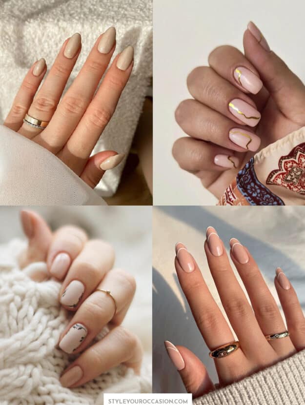 collage of hands with stunning beige nails and beige nail designs