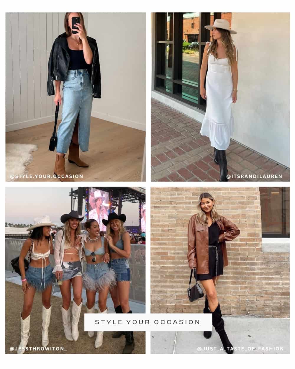 collage of women wearing cute country concert outfits with jeans, denim skirts, dresses and more