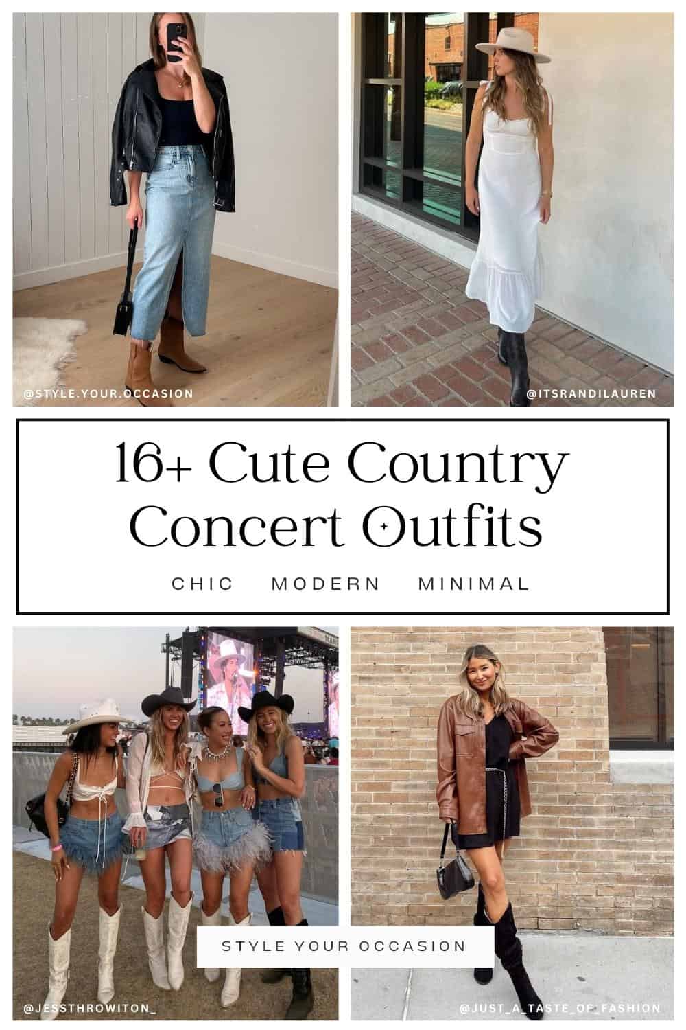 collage of women wearing cute country concert outfits with jeans, denim skirts, dresses and more