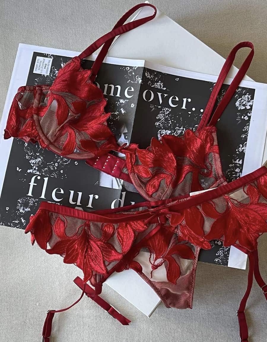 image of a red floral lace bra, panties and garter set from French lingerie brand Fleur Du Mal