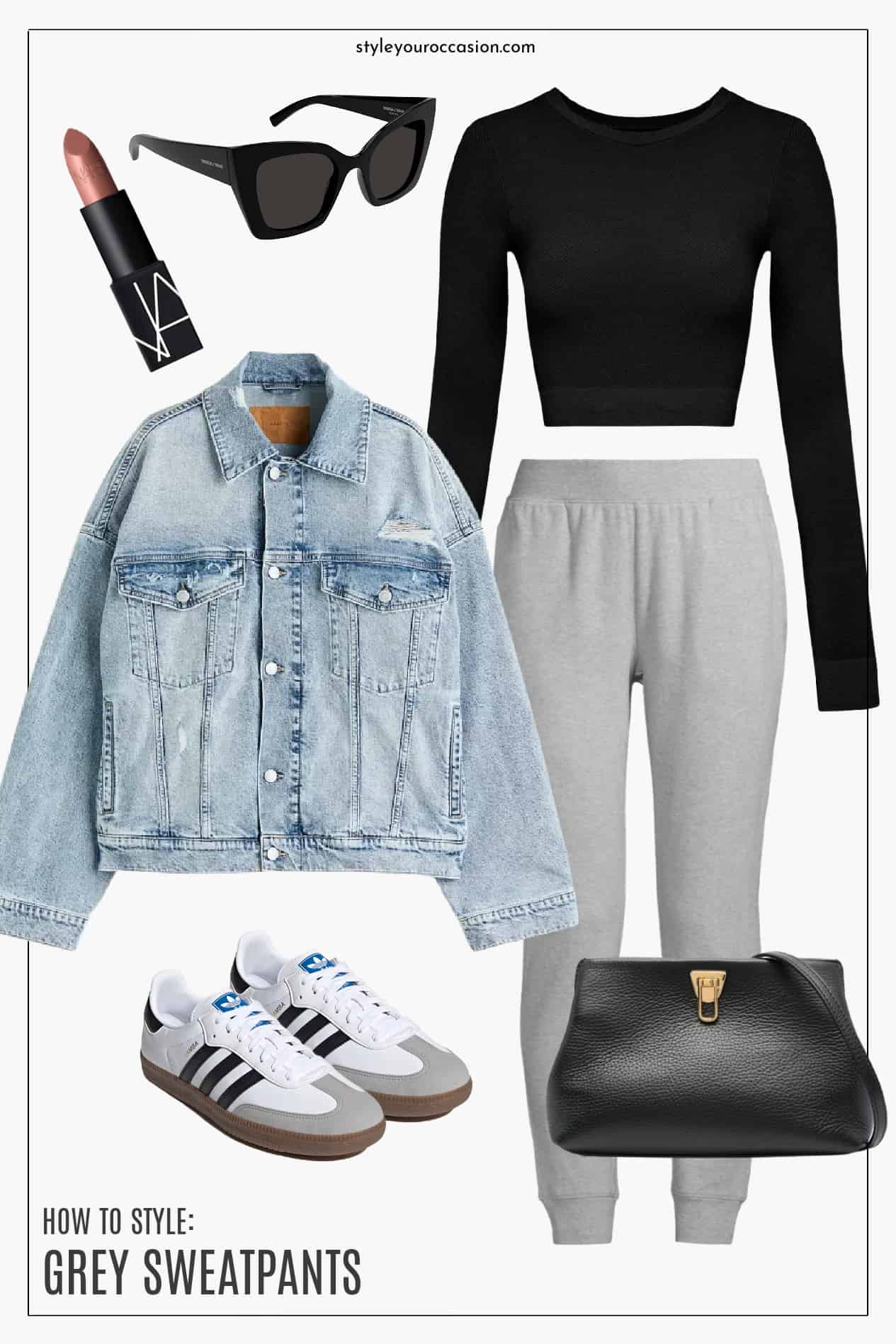 image of a style mood board with grey sweatpants, a black crop top, denim jacket, sneakers, and black purse