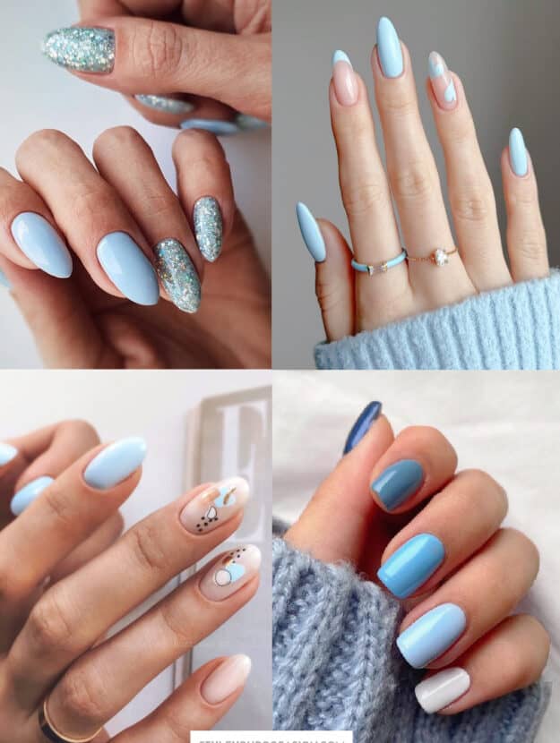 collage of images of hands with light blue and baby blue nails