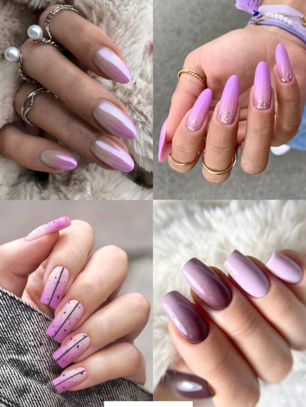 image collage of hands with purple ombre nails