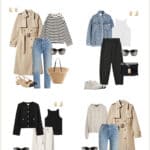 collage of outfits for a spring capsule wardrobe with trench coat, jeans, striped knit sweater, white jeans, and more
