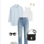outfit image with a light blue button down shirt, white tank, blue jeans, and sneakers