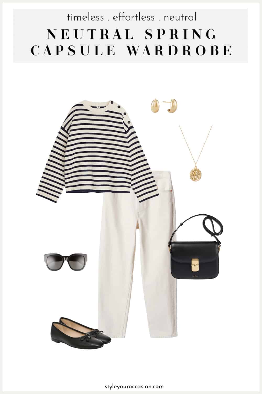 outfit image with a striped knit sweater, off-white jeans, black ballet flats and a black leather bag