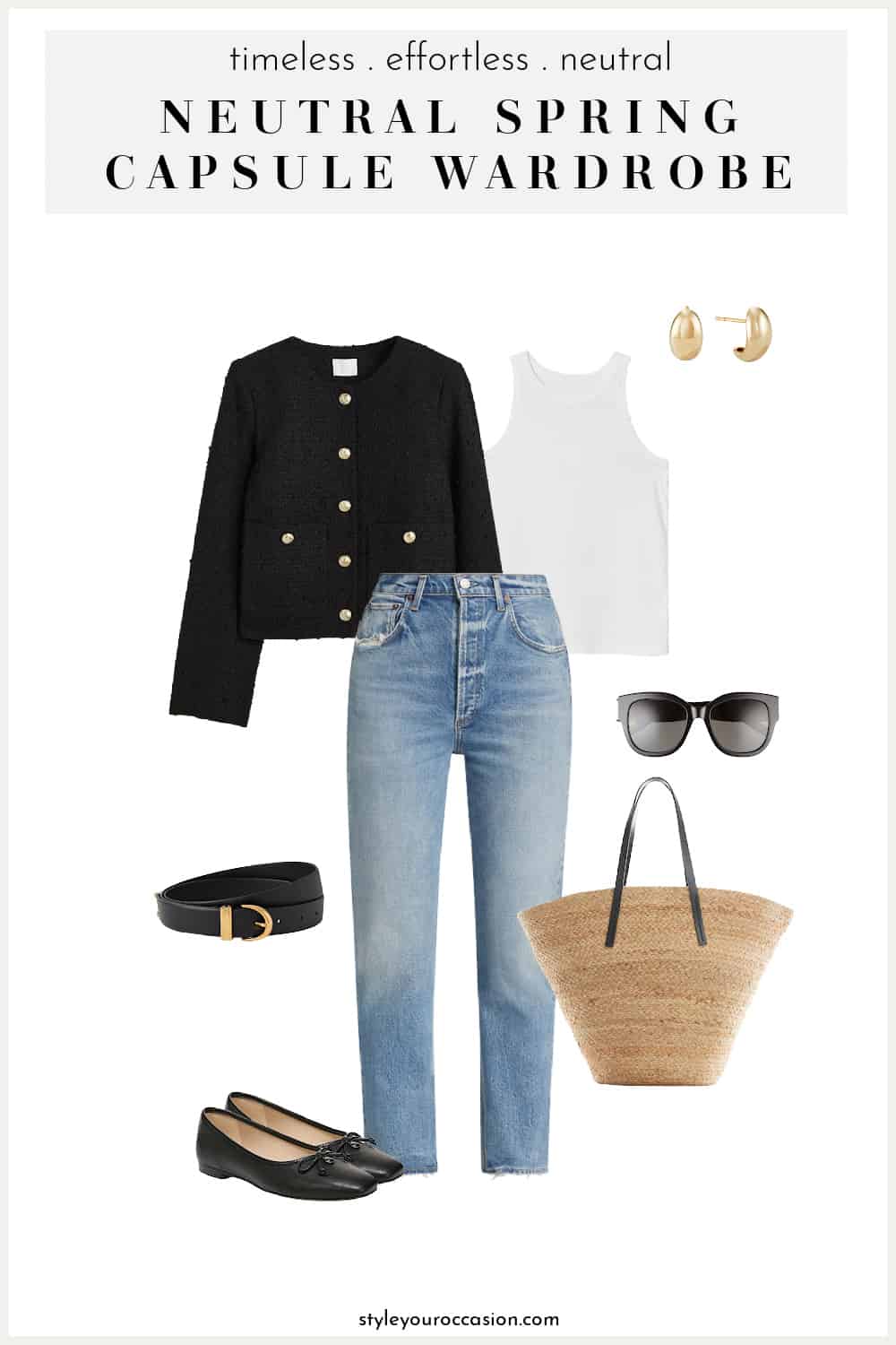 outfit image of a cropped black tweed jacket, white tank, blue jeans, and black ballet flats 