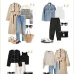 Collage of outfits with neutral spring clothing and accessories