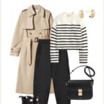 outfit image with a trench coat, striped knit sweater, black pants, and rain boots for a spring capsule wardrobe