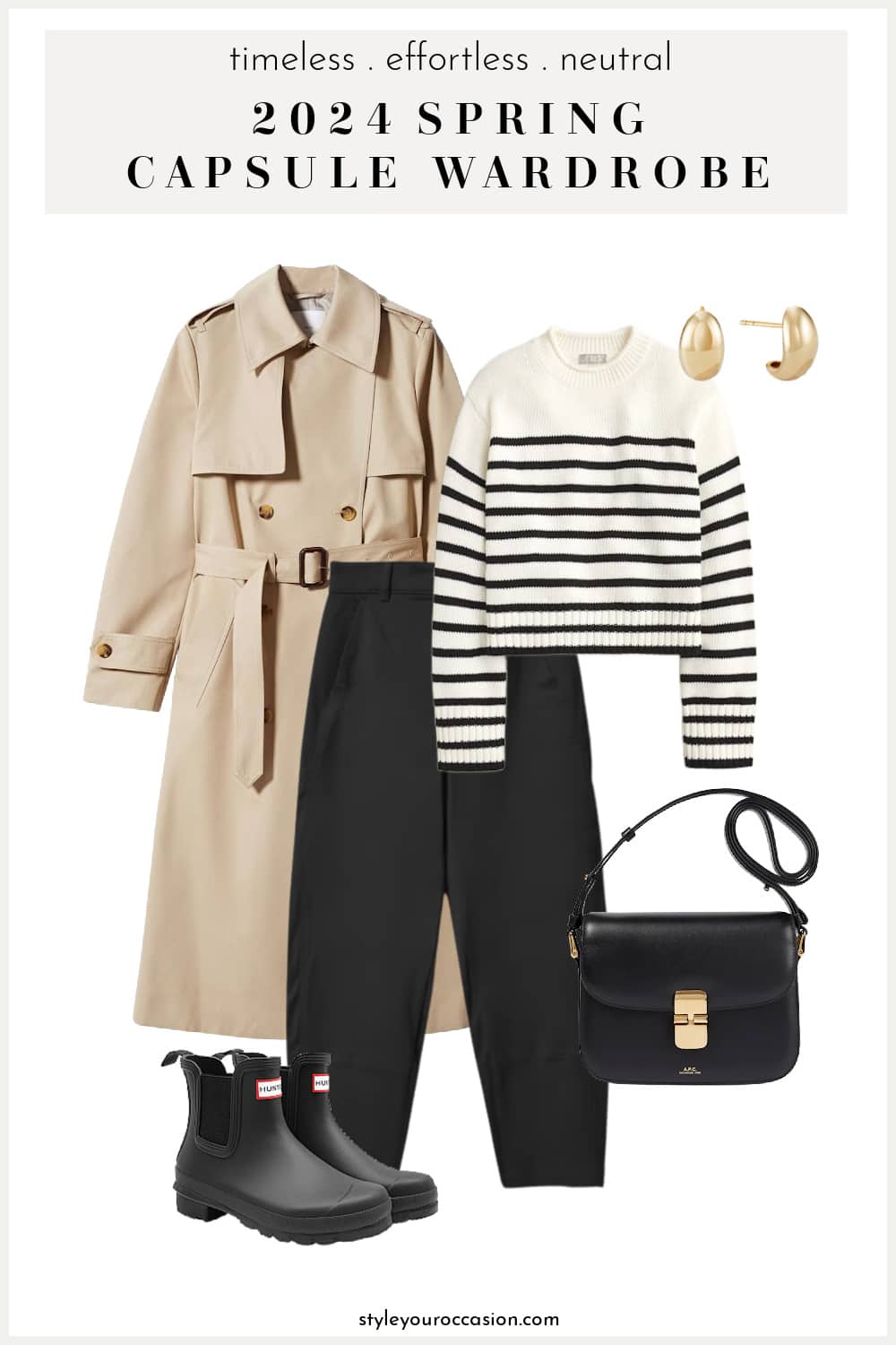 outfit image with a trench coat, striped knit sweater, black pants, and rain boots for a spring capsule wardrobe