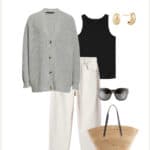 outfit image of a grey cardigan, black tank top, off-white jeans, and white sneakers for a spring capsule outfit