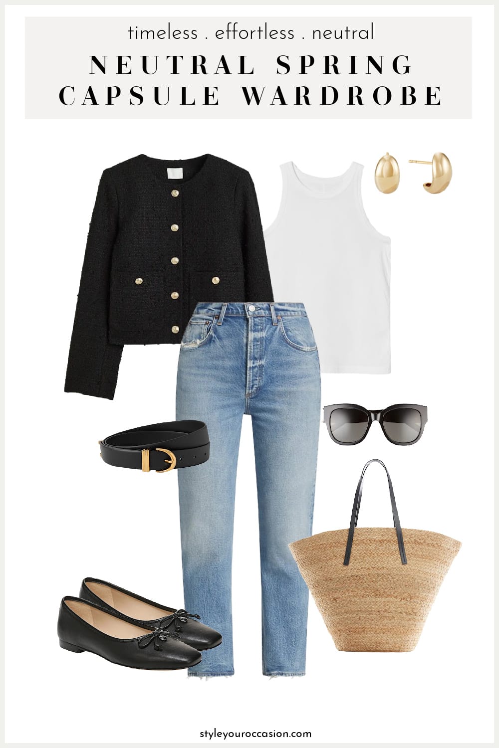 outfit image of a cropped black tweed jacket, white tank, blue jeans, and black ballet flats