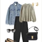 outfit collage with a green floral blouse, denim jacket, black barrel jeans, and black ballet flats for a spring capsule look
