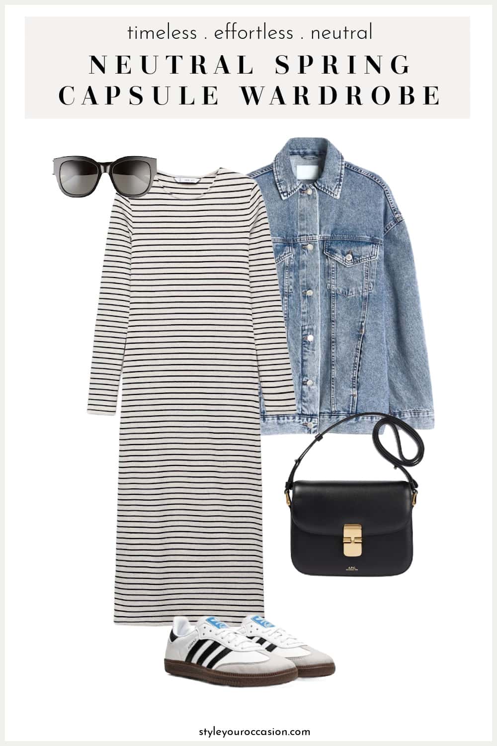 outfit image of an oversized denim and casual striped shirt dress with sneakers and a black purse for a spring capsule wardrobe outfit