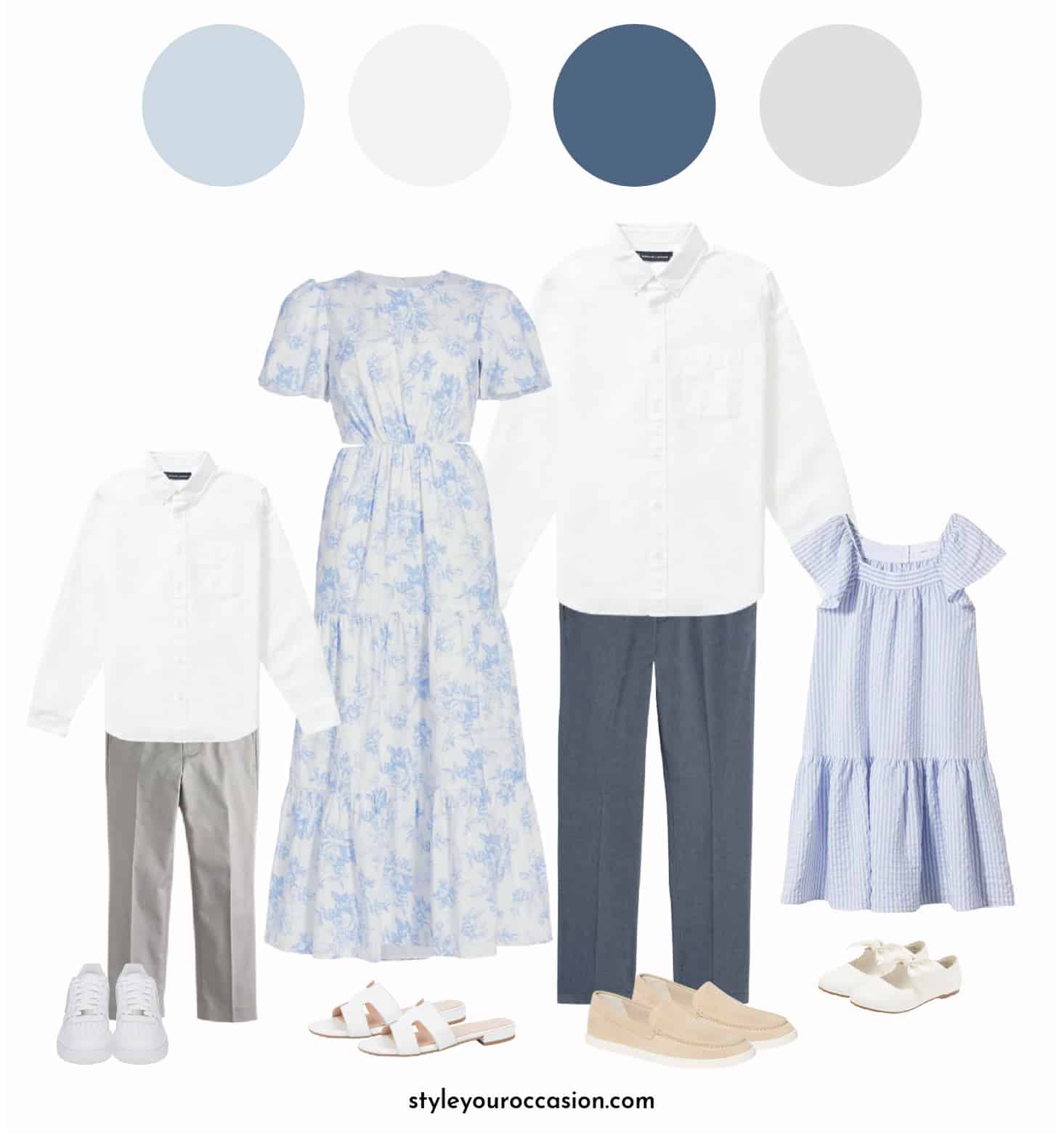 mood board of a family photo outfit guide with light blue colors and whites
