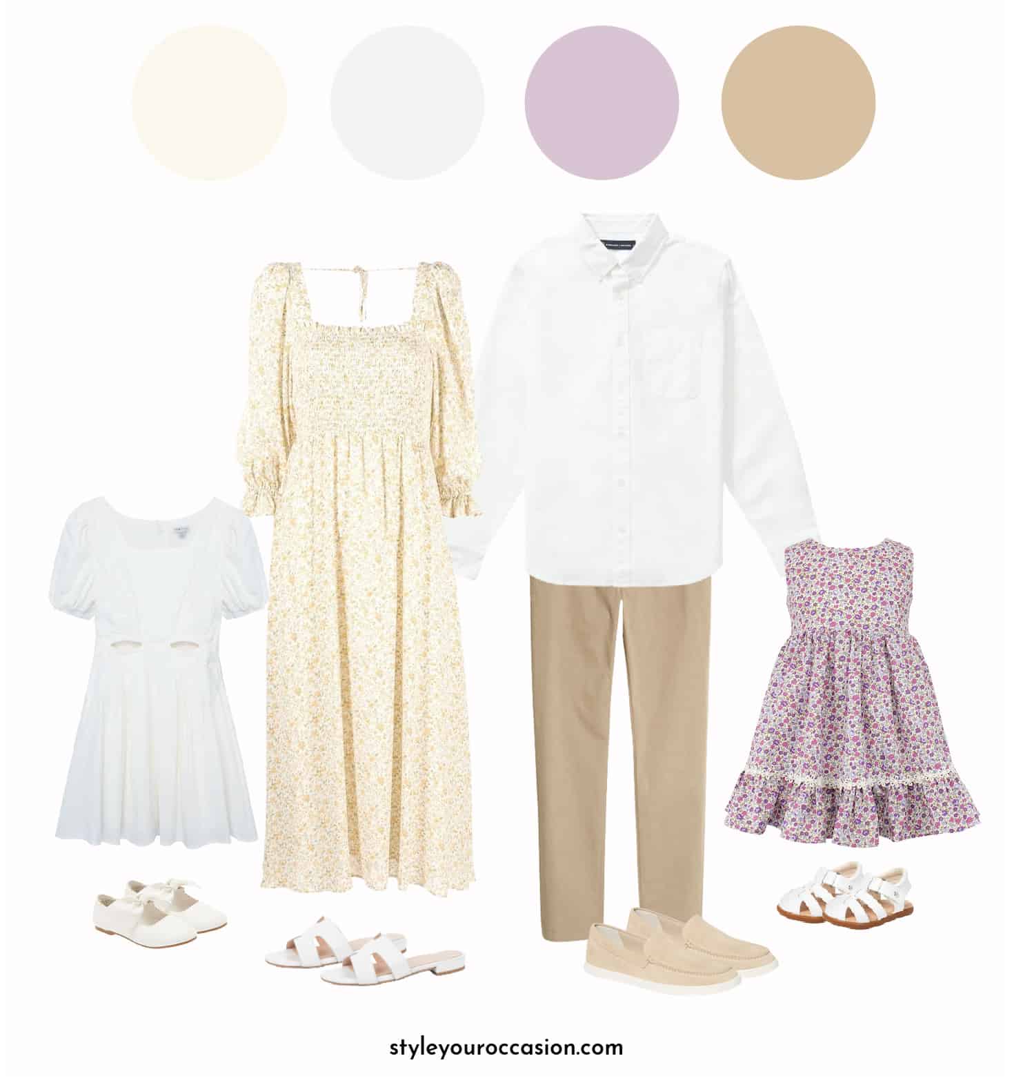 mood board of a family photo outfit guide with yellow, purple, and whites with floral patterns