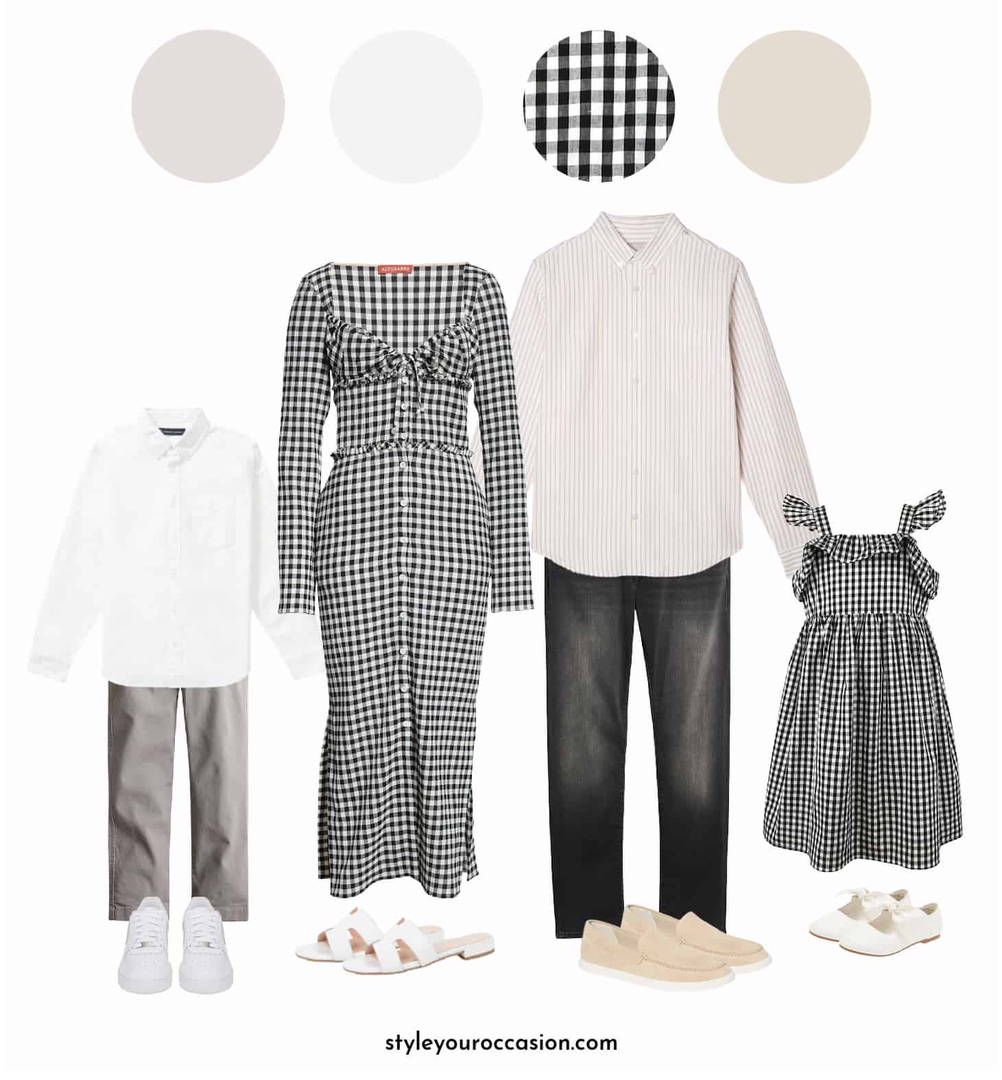 mood board of a family photo outfit guide with black and white gingham and neutrals
