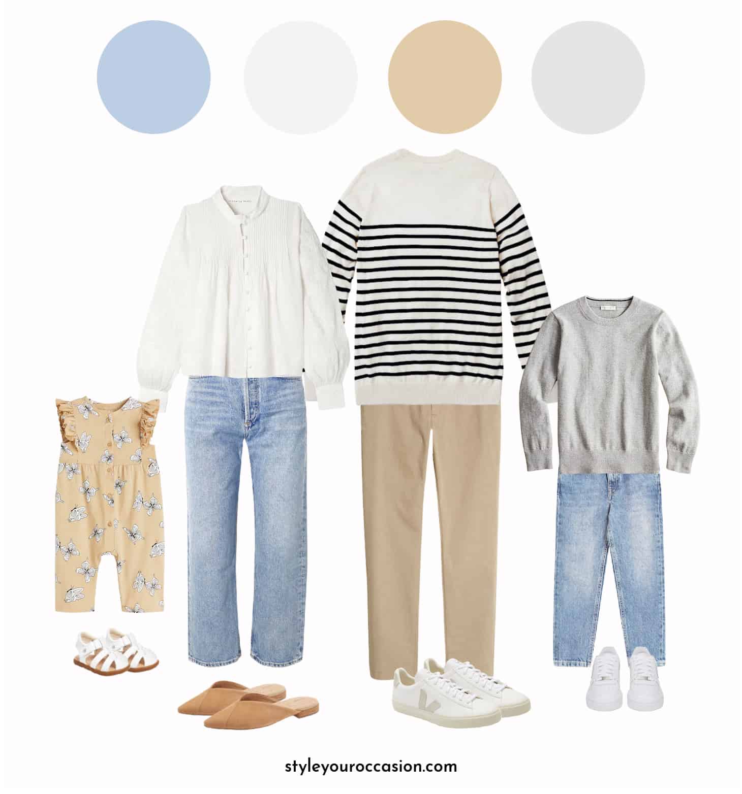 mood board of a family photo outfit guide with shades of yellow, neutrals, and denim