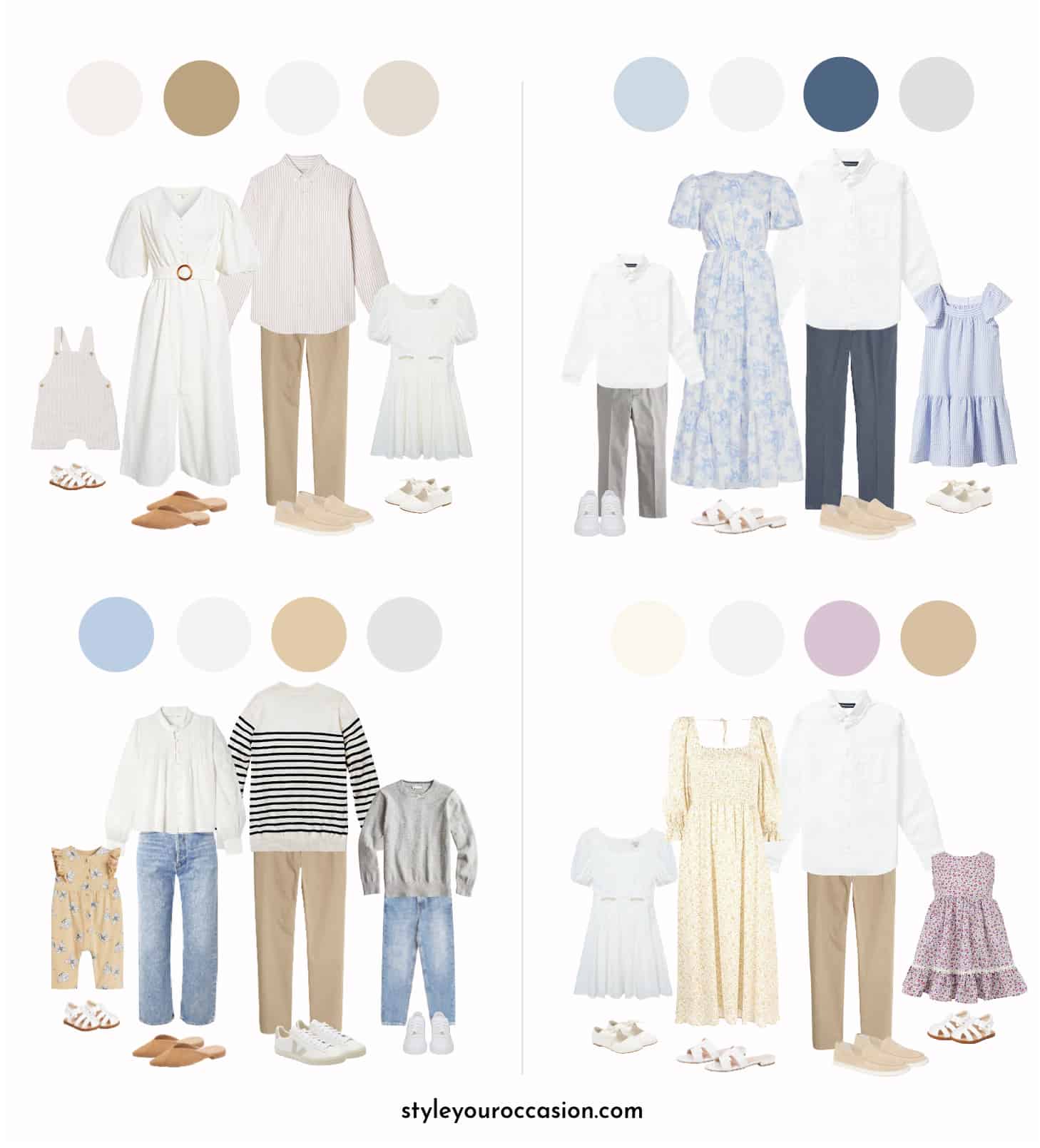 collage of family outfits for a spring photoshoot