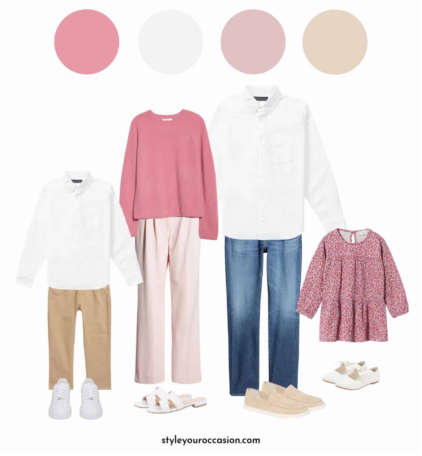 mood board of a family photo outfit guide with shades of pink and neutrals
