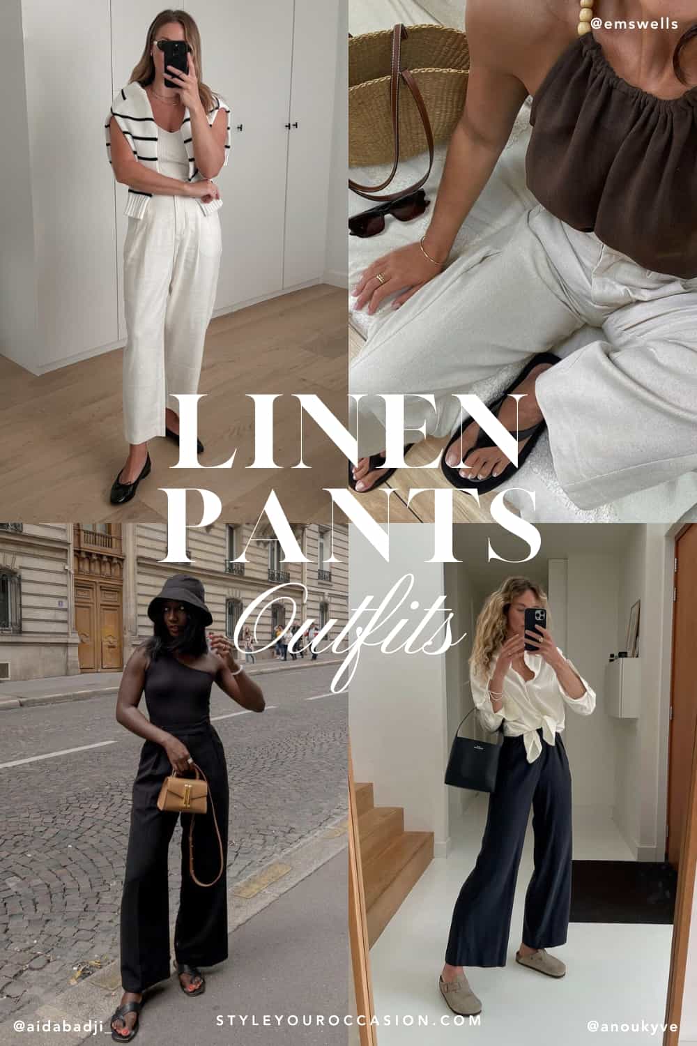 collage of four women wearing stylish outfits with white, black, and beige linen pants
