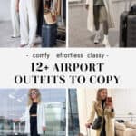 collage of women in stylish airport outfits for travel