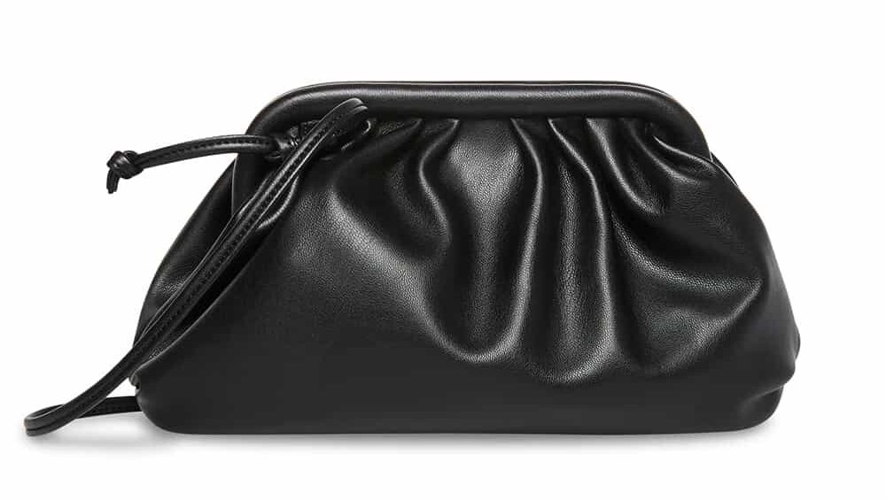 image of a black vegan leather pouch bag that is a look alike for the Bottega Veneta pouch bag