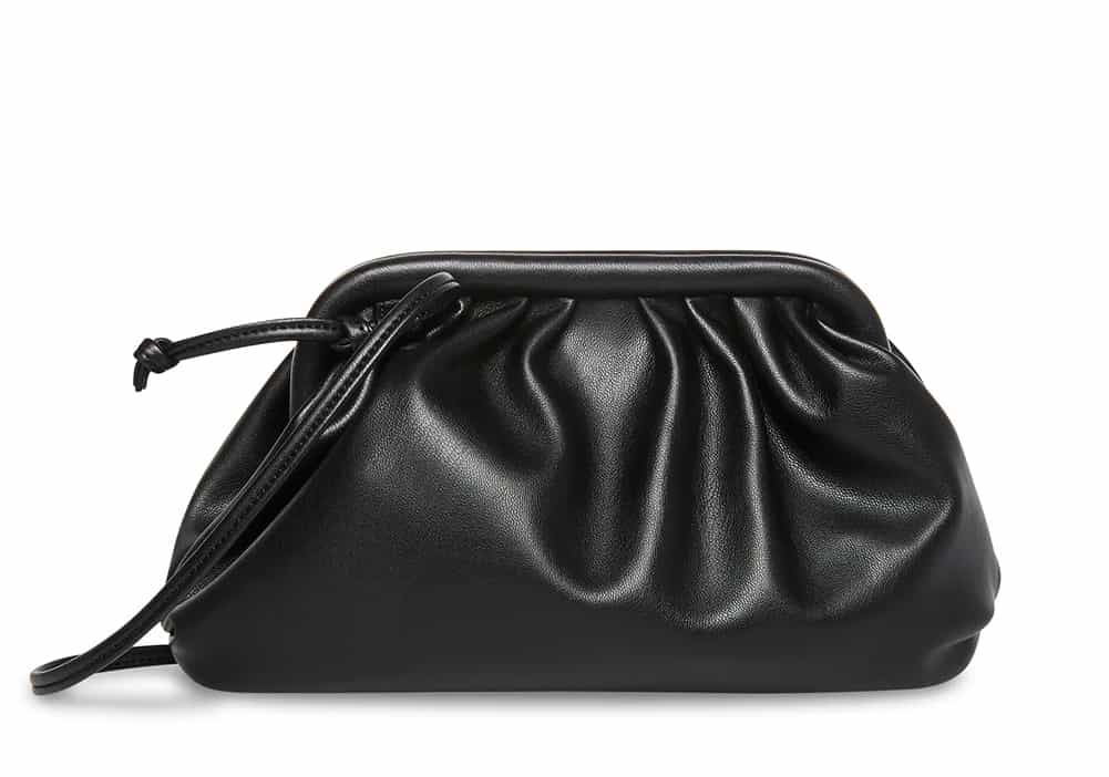 image of a black vegan leather pouch bag that is a look alike for the Bottega Veneta pouch bag