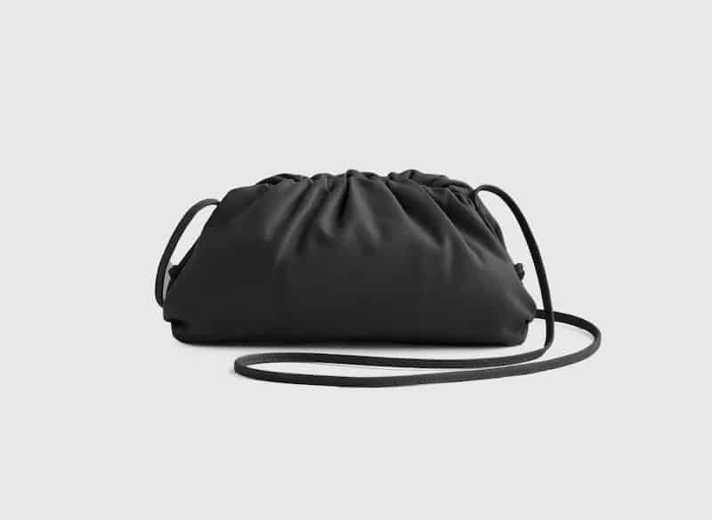 image of a black leather pouch crossbody bag that is a Bottega Veneta look-alike