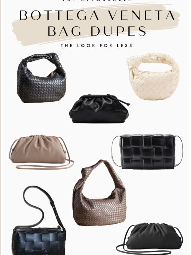 collage of 8 different bags that are dupes of the Bottega Veneta Cassette, Jodie, and Pouch bags