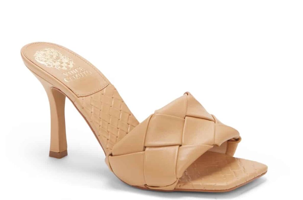 image of a beige heeled sandal with woven leather detail
