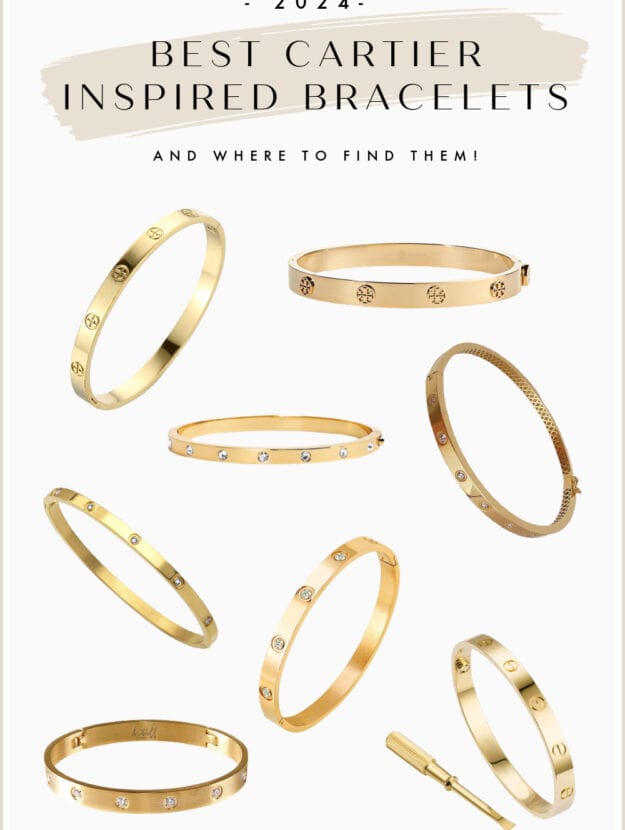 image of a collage of gold bangle bracelets that look like the Cartier Love Bracelet