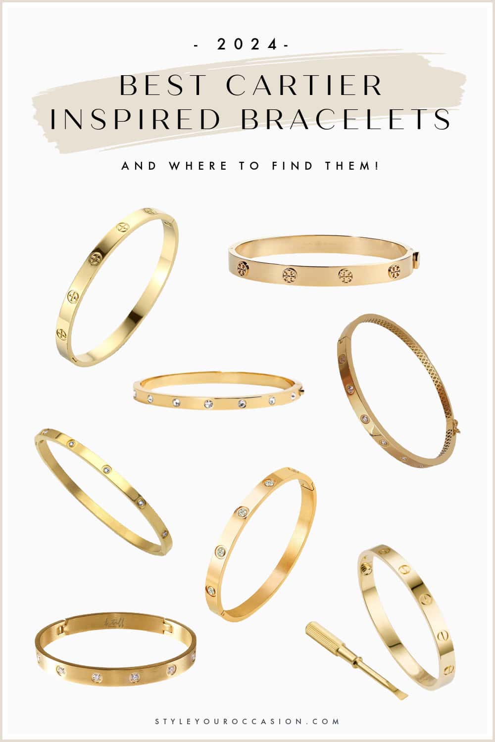 image of a collage of gold bangle bracelets that look like the Cartier Love Bracelet