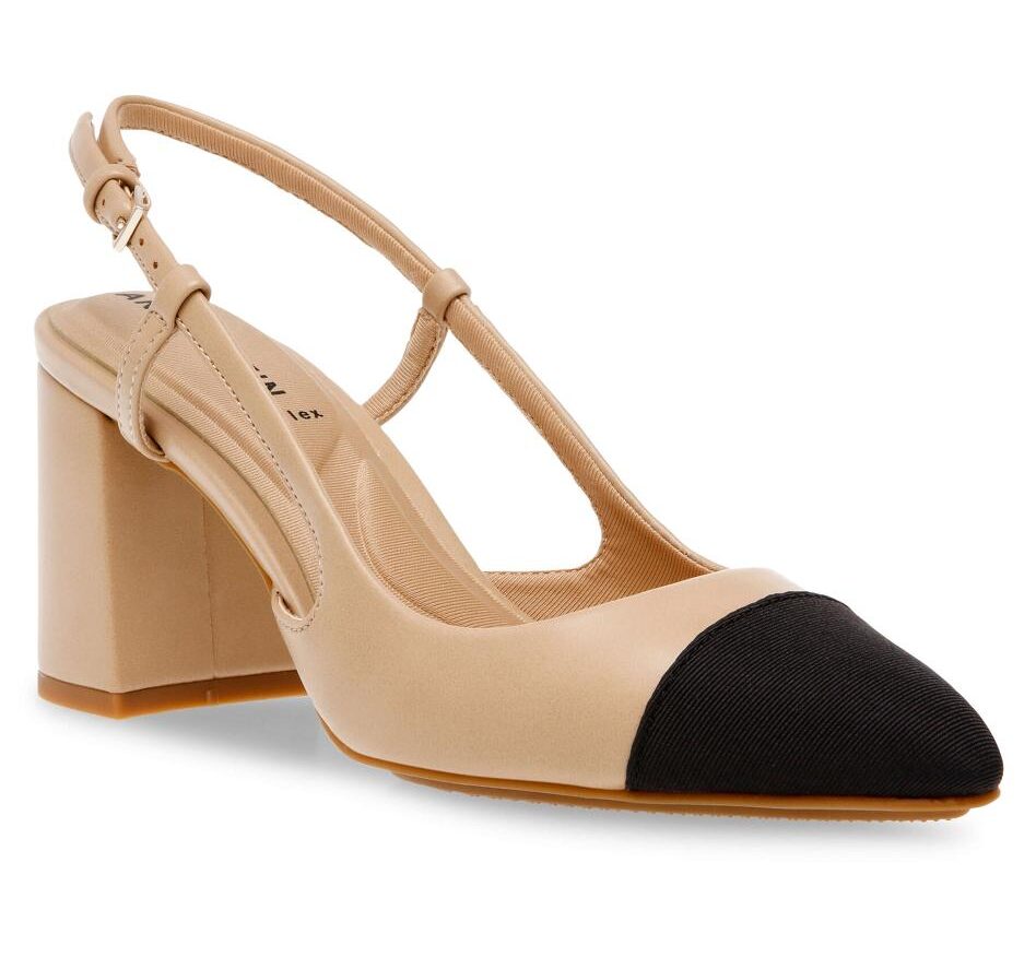 image of a beige slingback pump with a black cap toe detail