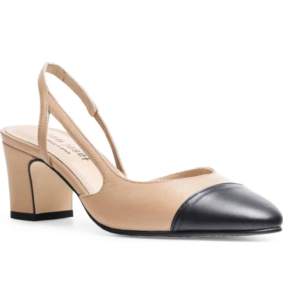 image of a Chanel slingback dupe in beige with a black cap toe detail