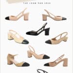 image of 10 beige and black slingback heels with cap toe detail that are dupes of the Chanel slingback heels