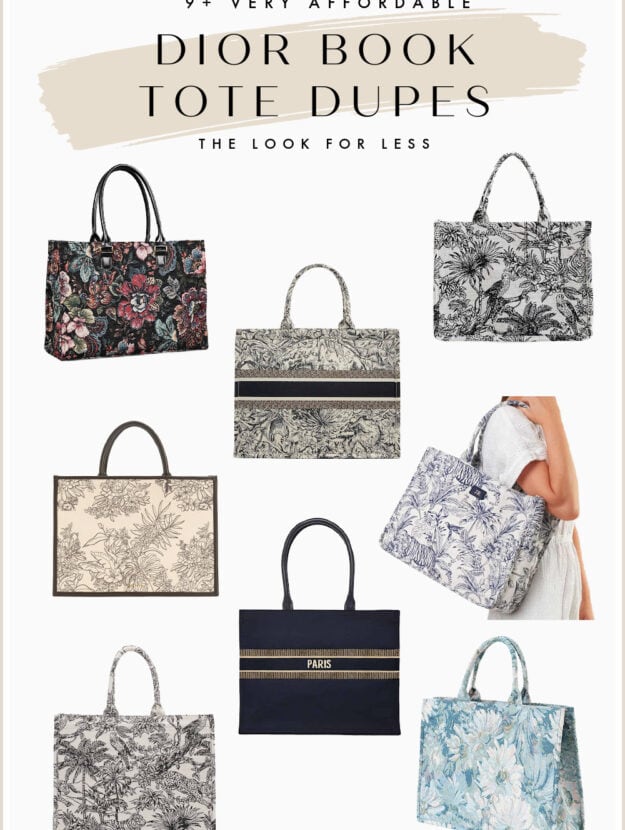 collage of pretty Dior Book Tote dupes with floral tapestry and toile designs