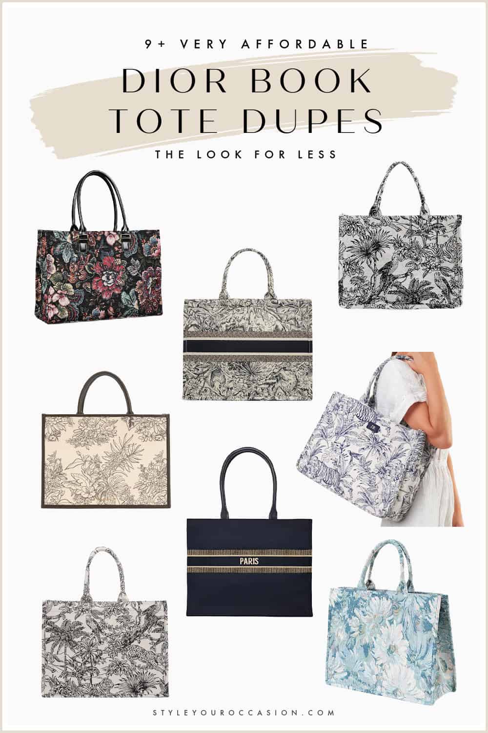collage of pretty Dior Book Tote dupes with floral tapestry and toile designs