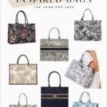 collage of eight pretty Dior Book Tote inspired bags with floral tapestry and toile designs