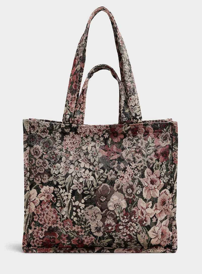 image of a floral book tote with tapestry detail 