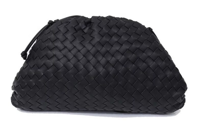 image of a black woven pouch bag that is a dupe of the Bottega Veneta pouch bag