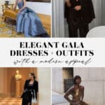 collage of women wearing elegant gowns and dresses for a gala