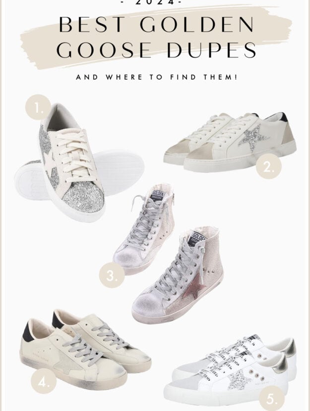 collage of five different pairs of white sneakers with a star detail on the side that are dupes of the Golden Goose sneakers