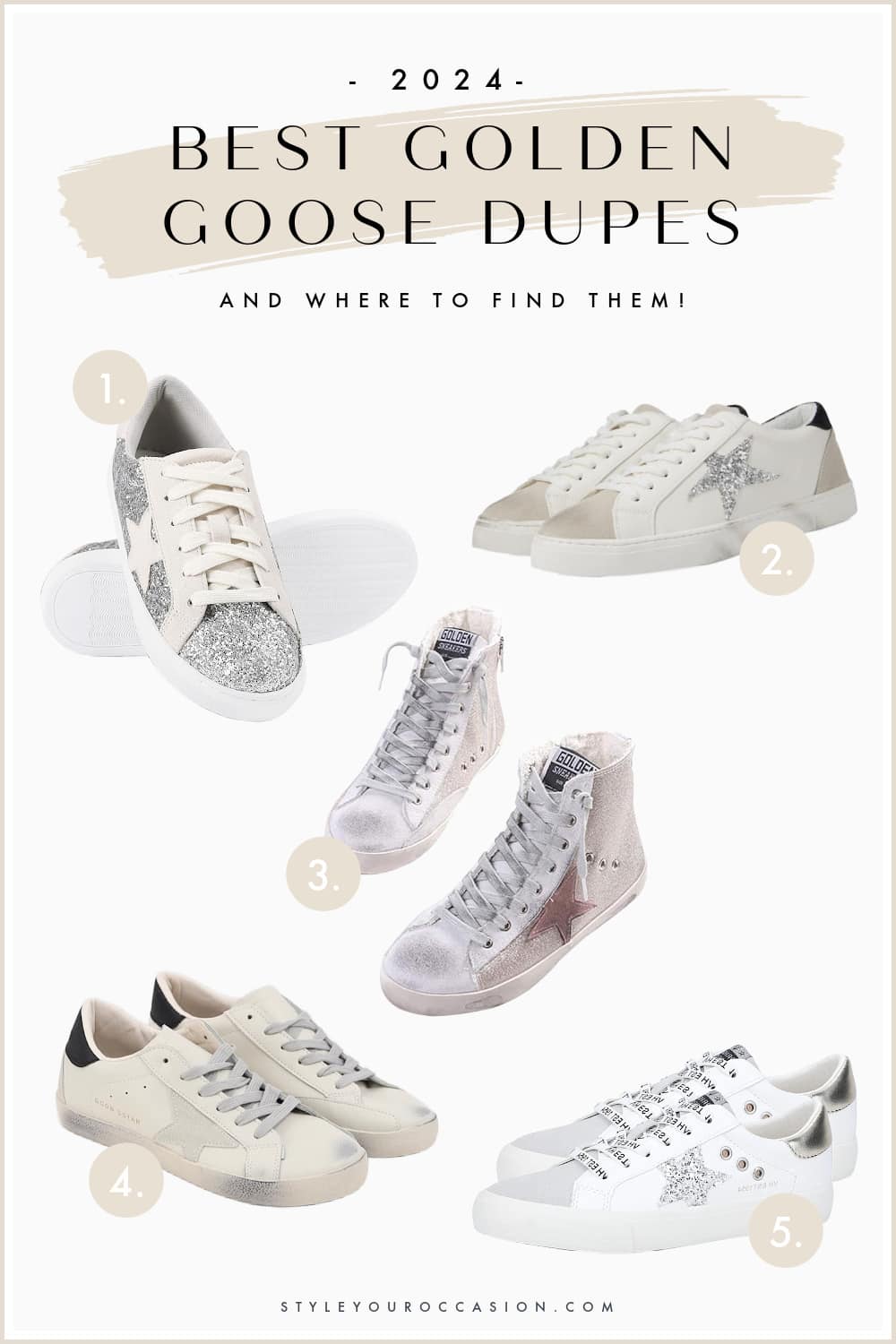 collage of five different pairs of white sneakers with a star detail on the side that are dupes of the Golden Goose sneakers 