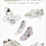 collage of five different pairs of white sneakers with a star detail on the side that are look alikes of the Golden Goose sneakers