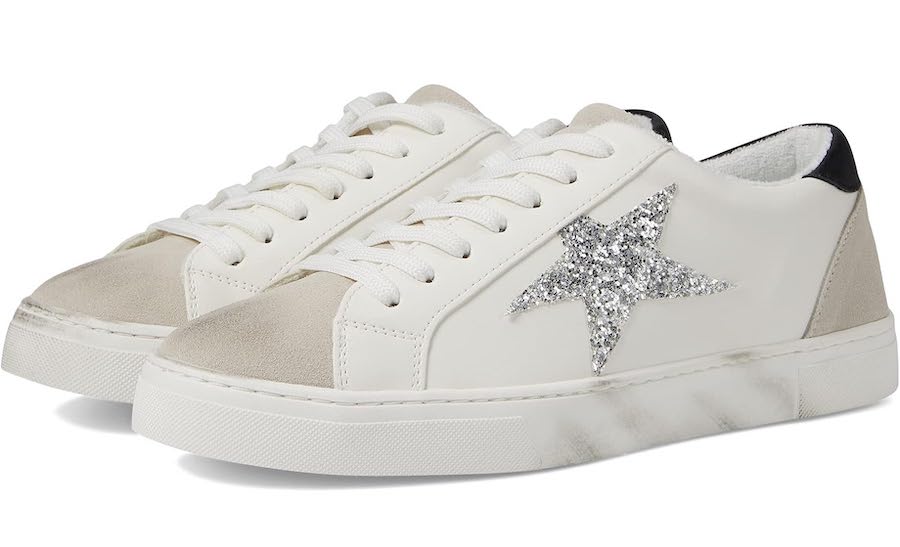 image of a while Golden Goose dupe sneaker with suede details and a glittery silver star on the side