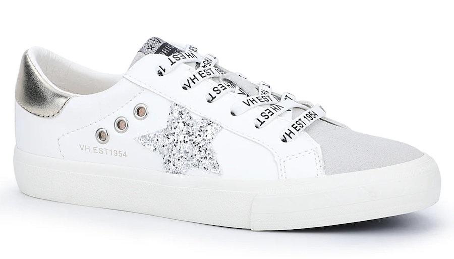 image of a while Golden Goose dupe sneaker with a glittery silver star on the side