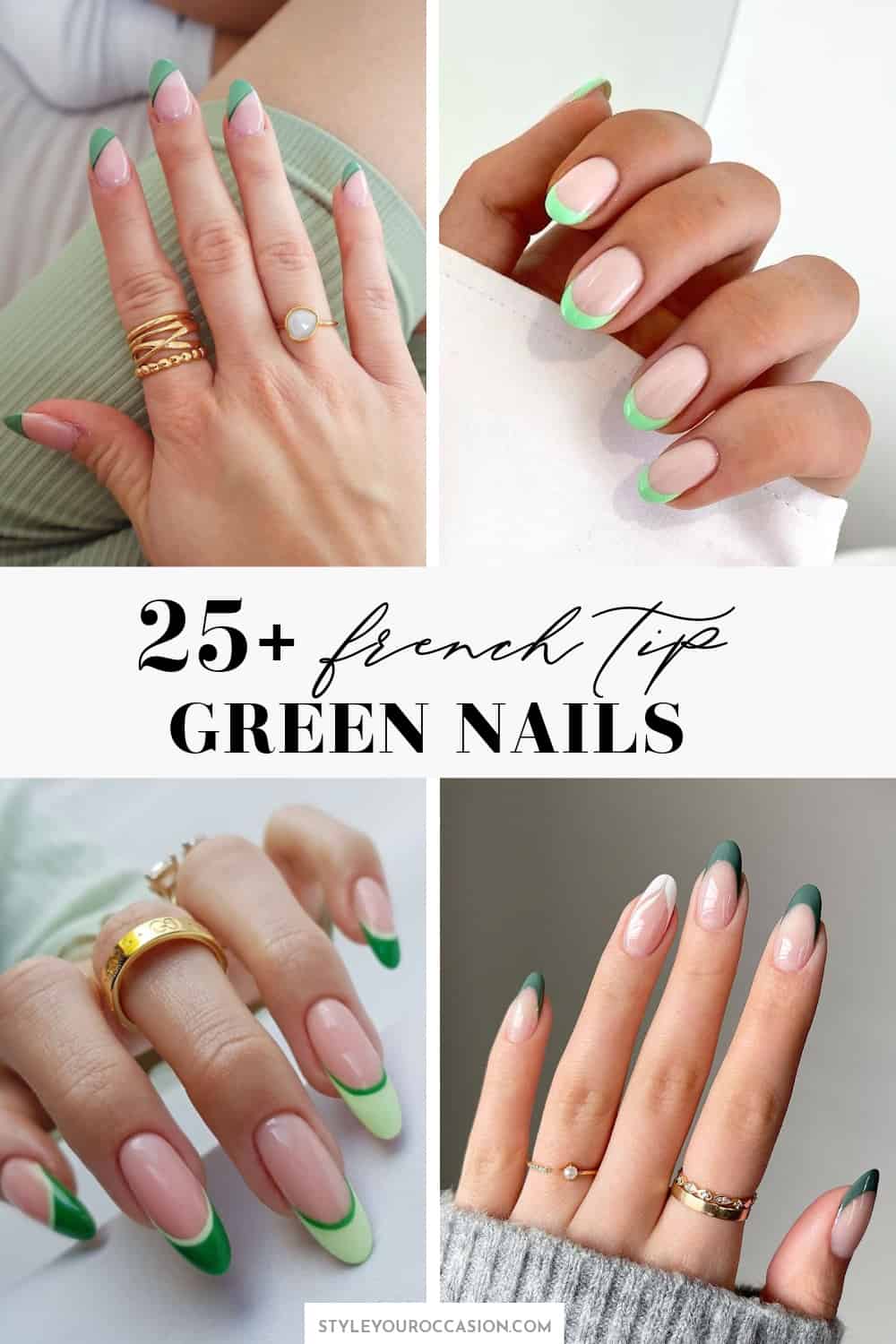 collage of hands with nails with green french tips