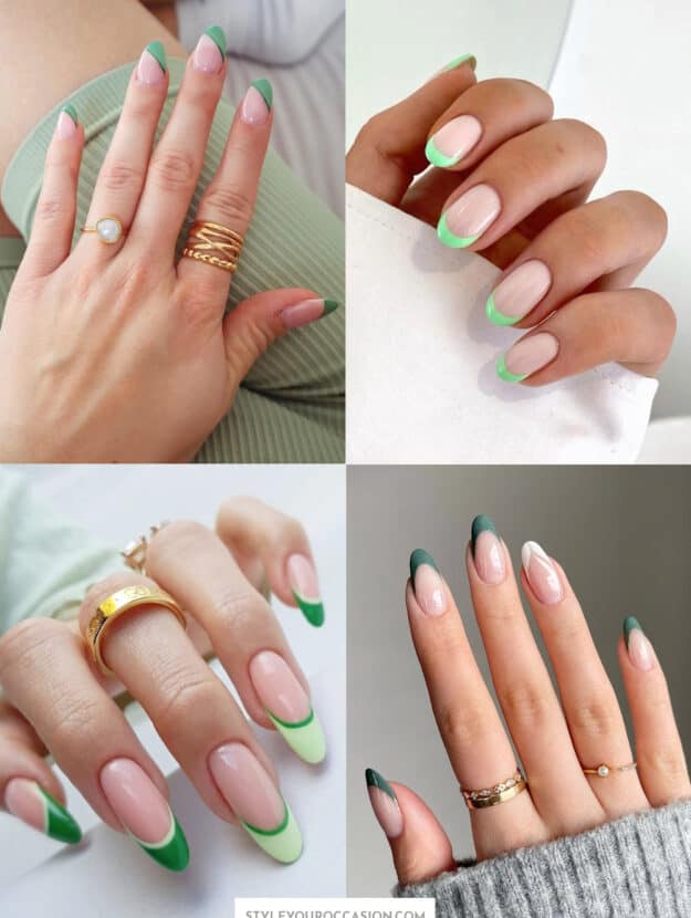 collage of hands with nails with green french tips