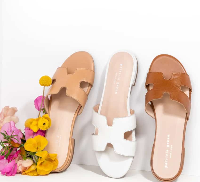 image of three sandals in beige, white, and brown with an H cut-out shape